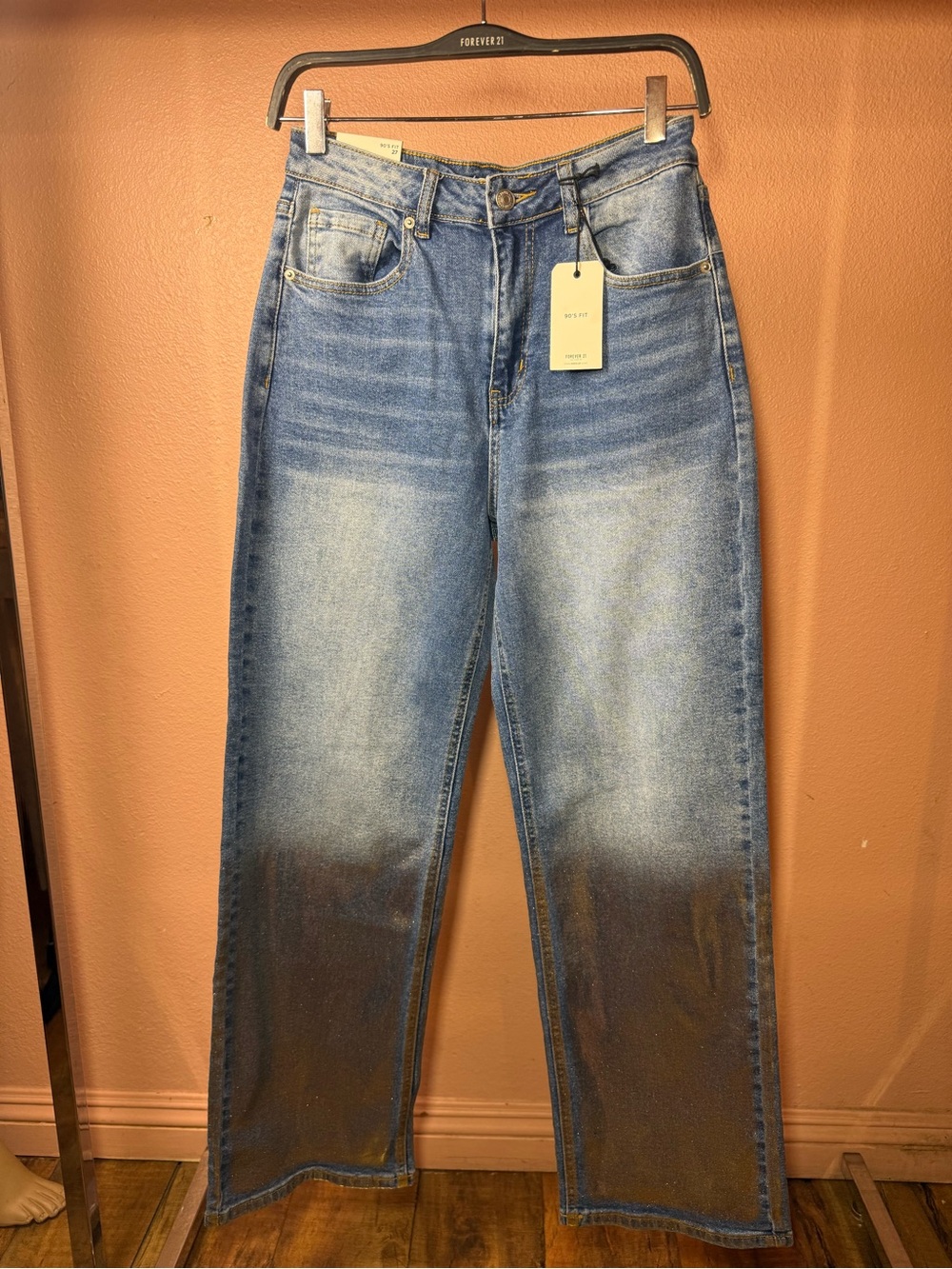 NWT Forever 21 90’s Fit Metallic Gold Dip Dye Jeans Size 27